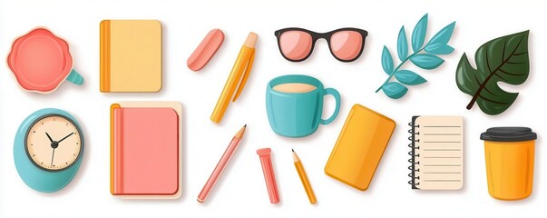 Bullet journal with colorful stickers, productivity tools, flat design illustration