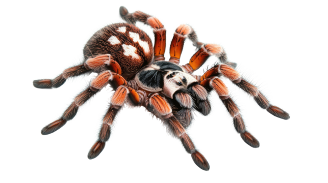 A large, hairy tarantula spider isolated on a white background