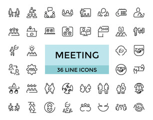Meeting set of web icons in line style. Containing conference, business meeting, classroom, team, interview, conference and more, Editable Thin icon vector collections.