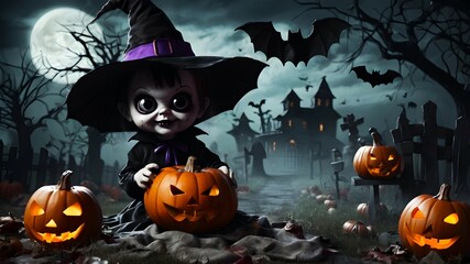 Fototapeta premium Halloween poster with creepy baby on haunting background. Spooky holiday banner