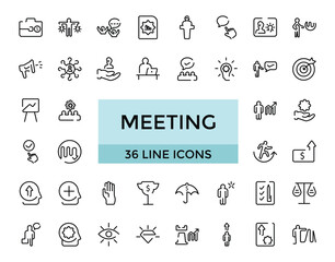 Meeting set of web icons in line style. Containing conference, business meeting, classroom, team, interview, conference and more, Editable Thin icon vector collections.
