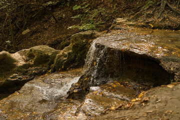 Natural waterfall in yellow forest in autumn