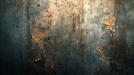 Fototapeta premium Abstract grunge wall with a mix of metal and concrete textures, scratches and dents visible, deep shadows and subtle light reflections, worn and corroded surfaces, urban decay theme