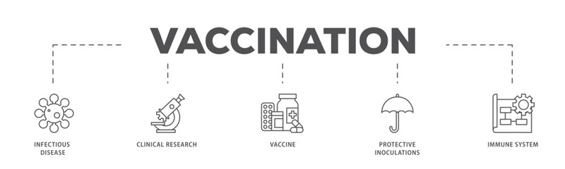 Vaccination infographic icon flow process which consists of virus infectious disease, vaccine clinical research, and protective inoculations icon live stroke and easy to edit 