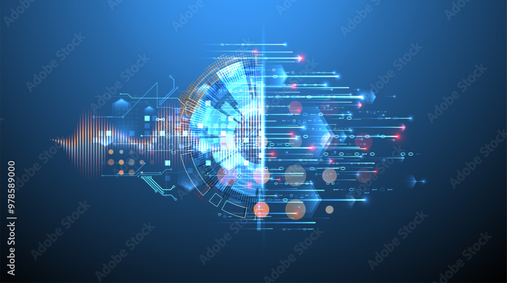 Poster data analysis. scientific and technological background. a bisected techno circle from which lines an