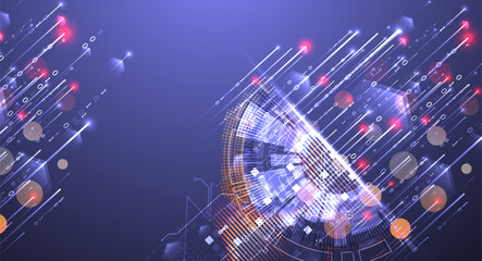 Data analysis. Scientific and technological background. A bisected techno circle from which lines and numbers emerge. Hand made vector.
