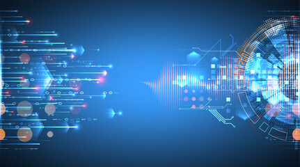 Data analysis. Scientific and technological background. A bisected techno circle from which lines and numbers emerge. Hand made vector.