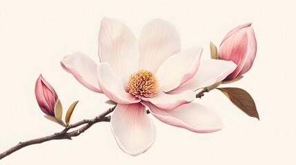 Naklejka premium Stunning botanical illustration of a magnolia flower, focusing on the fine details in the petals and stems, hyper-real, sharp images, high quality