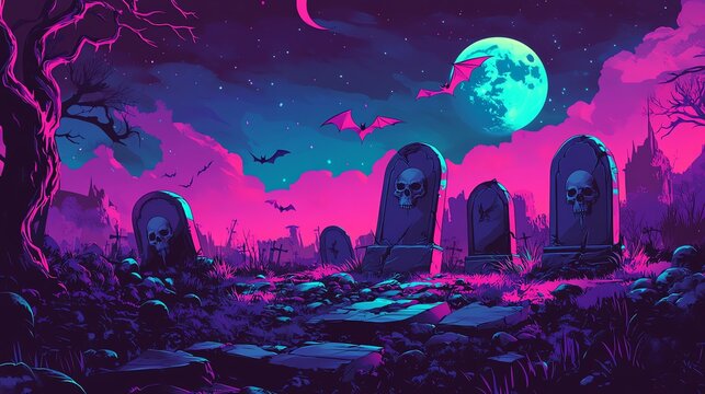 Spooky Halloween thombstone Landscape with Silhouetted bat and Moonlight