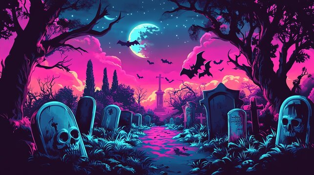 Spooky Halloween thombstone Landscape with Silhouetted bat and Moonlight