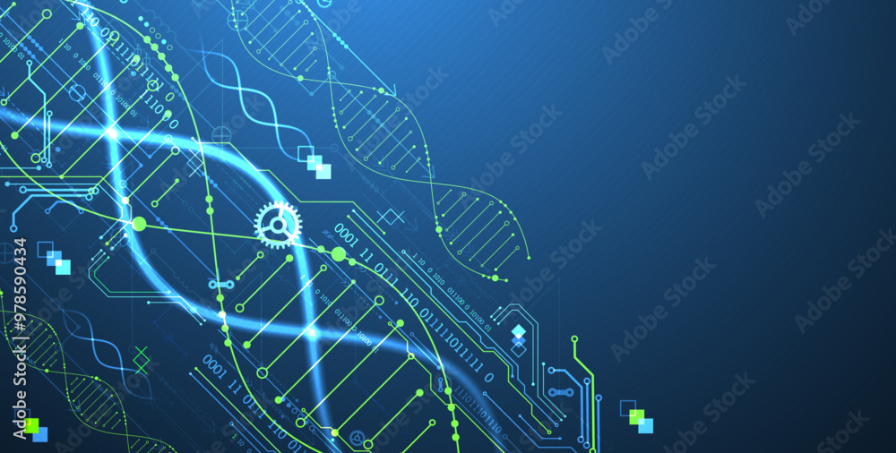 Poster Scientific and technological background. Image of dna molecule with technological elements. Hand drawn vector.