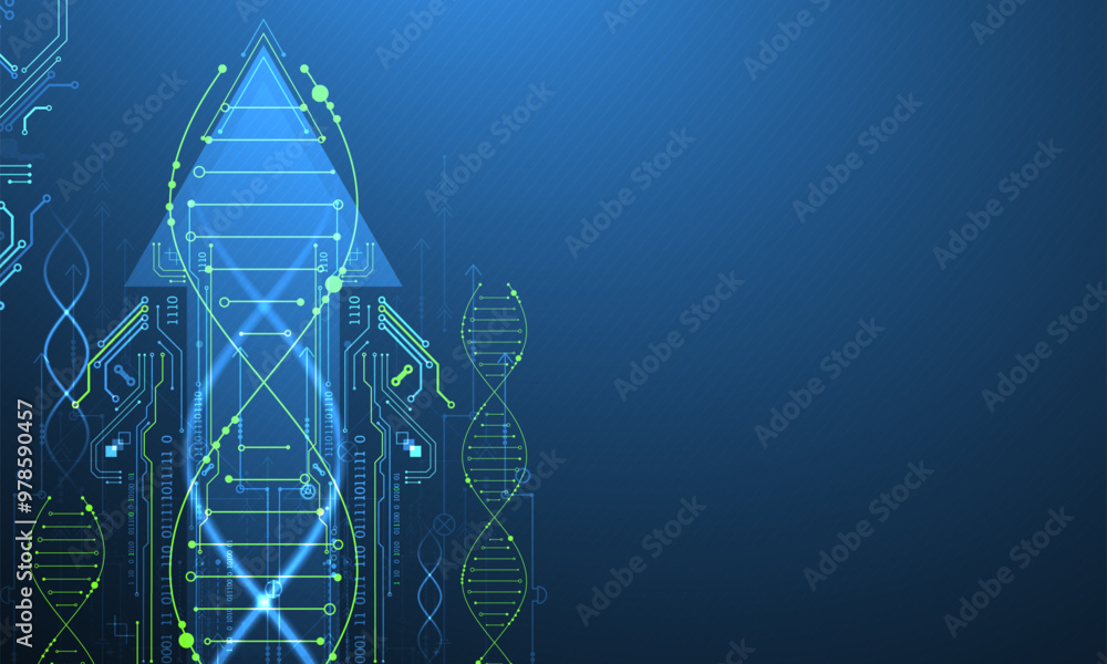 Aufkleber Scientific and technological background. Image of dna molecule with technological elements. Hand drawn vector.