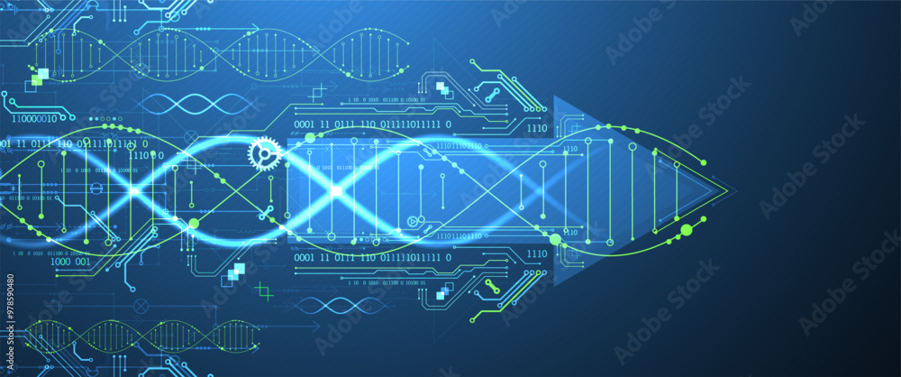 Poster Scientific and technological background. Image of dna molecule with technological elements. Hand drawn vector.