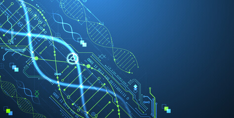 Scientific and technological background. Image of dna molecule with technological elements. Hand drawn vector.