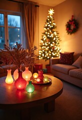 Vibrant living room decorated for Christmas, adorned with colorful ornaments, frosted glass vases, bathed in warm golden lighting