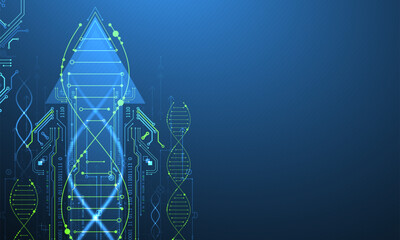 Scientific and technological background. Image of dna molecule with technological elements. Hand drawn vector.