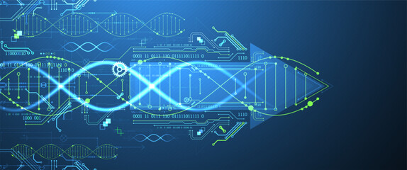 Scientific and technological background. Image of dna molecule with technological elements. Hand drawn vector.