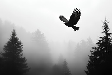 Obraz premium A silhouette of a bird flying over a misty forest landscape.