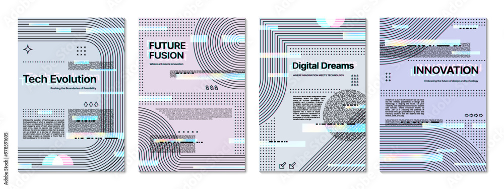 Poster futuristic glitch posters or geometric cover backgrounds, vector templates. glitch shapes and hologr