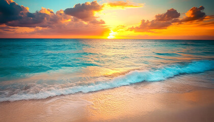 Fototapeta premium Crystal-clear turquoise waters with gentle waves lapping at a pristine beach under a golden sunset