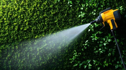 A power wash machine spraying water onto a dirty, algae-covered wall, with clean patches beginning to show