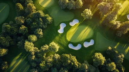 A bird's-eye view of a golf course, with perfectly manicured greens and bunkers.