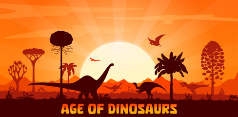 Sunset landscape with prehistoric dinosaurs silhouettes on dusk background with trees, rocks and plants. Vector dino species and flying pterosaur shadows in front of large sun in evening orange sky © Vector Tradition