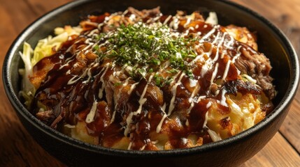 Fototapeta premium A bowl of okonomiyaki with cabbage, meat, and sauce.