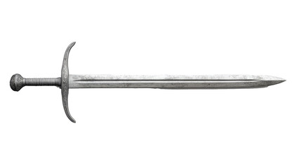 A close-up shot of a gleaming silver sword, with a intricate handle and a sharp point