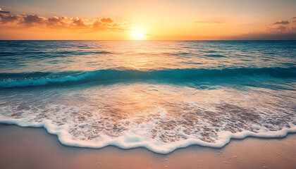 Obraz premium Crystal-clear turquoise waters with gentle waves lapping at a pristine beach under a golden sunset