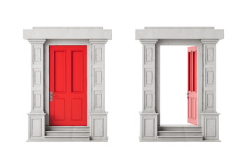 Two red doors in ornate stone frames, one open and one closed, set against a white background. 3D Rendering. Concept of choices or opportunities