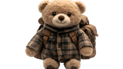 a stuffed bear wearing a backpack.