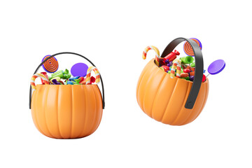 Two pumpkin-shaped baskets filled with various colorful candies. The baskets are positioned on a white background. Concept of Halloween treats. 3D Rendering