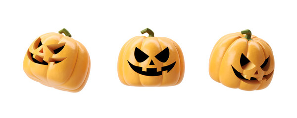 Three 3D-rendered Halloween jack-o-lanterns showing different expressions. Each pumpkin has a carved face and is displayed on a white background. Concept of Halloween decoration. 3D Rendering
