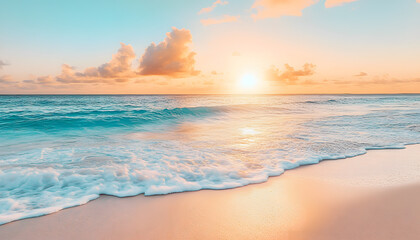Obraz premium Crystal-clear turquoise waters with gentle waves lapping at a pristine beach under a golden sunset