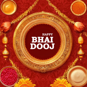 Happy Bhai Dooj with Gold Foil Frame, Traditional Sweets, Wheat Ears, and Oil Lamp on a Red Background