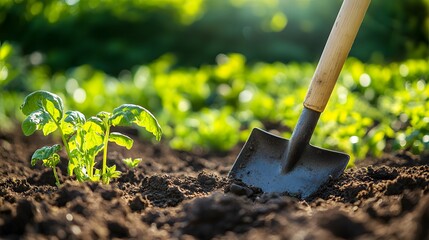 Detailed view of a single shovel in a vegetable garden, bright midday sunlight creating sharp contrasts, detailed textures of soil and shovel, blurred lush green plants, energetic and productive mood