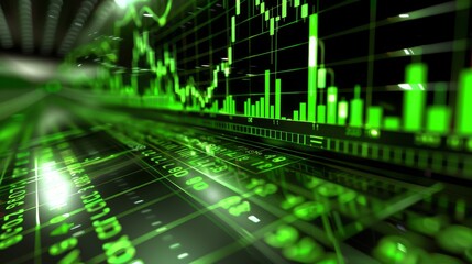 Dynamic green bar charts representing positive trends in eco investing and green investment banking