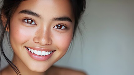 Naklejka premium A close-up of an Asian model with a warm and inviting smile, showing off her perfect teeth.