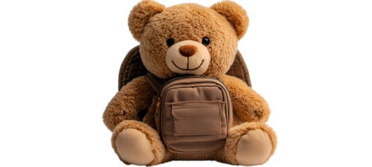 a stuffed bear with a backpack.
