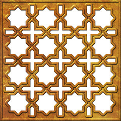 Arabic geometric gold metallic pattern. Islamic ornament mashrabiya panel. Wall iron screen Islamic motif, 3d golden grill. Artistic metal casting. Illustration