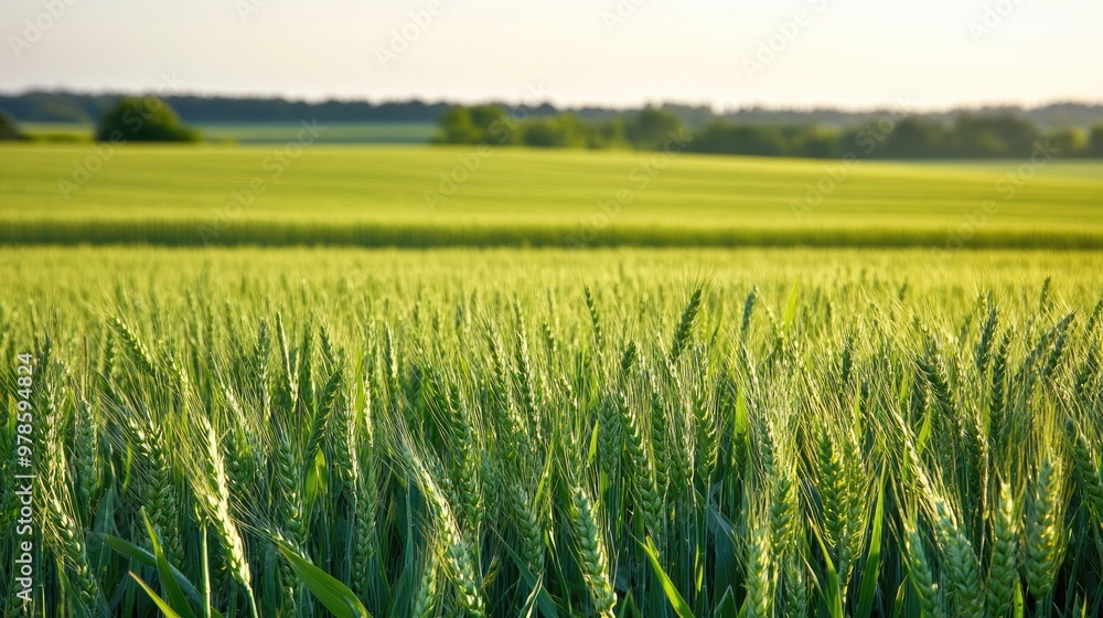 Poster a field of green grass with a field of wheat in the background.