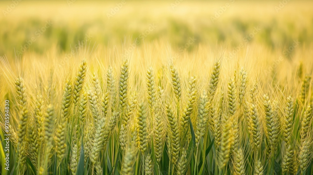 Poster a field of green grass with a field of wheat in the background.