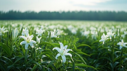 Fototapeta premium A field of green grass with a field of lilies in the background.