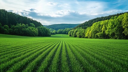A field of green grass with a forest in the background.