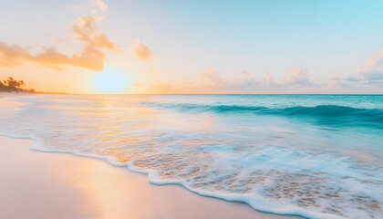 Obraz premium Crystal-clear turquoise waters with gentle waves lapping at a pristine beach under a golden sunset