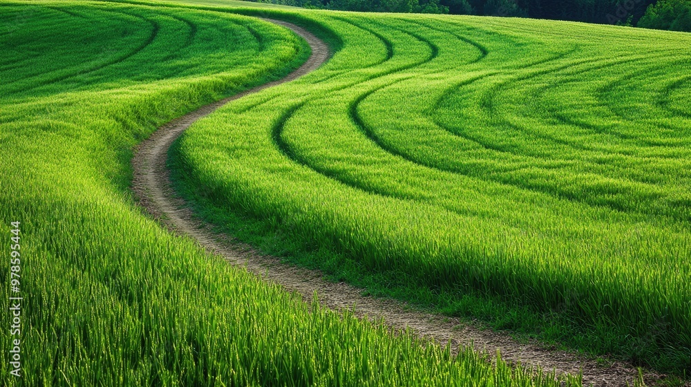 Poster A field of green grass with a winding path leading through it.