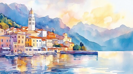 Fototapeta premium Vibrant coastal town at sunset, houses in pastel hues reflecting the warm golden glow, watercolor capturing the serene atmosphere of the evening,