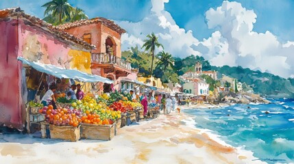 Watercolor depiction of a lively coastal village, market stalls overflowing with bright produce, cheerful locals, and pastel-colored houses lining the shore