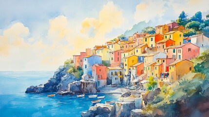 Fototapeta premium A cluster of vibrant houses perched on a hillside, overlooking the vast deep blue sea, bathed in the golden glow of the setting sun, all painted in soft watercolor tones